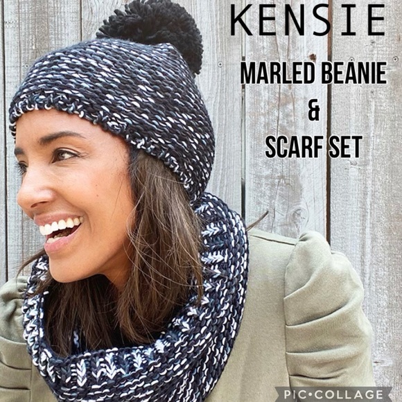 NWT 2pc KENSIE Marled Infinity Scarf & Beanie Hat Set - Black / Grey / White - Picture 1 of 11